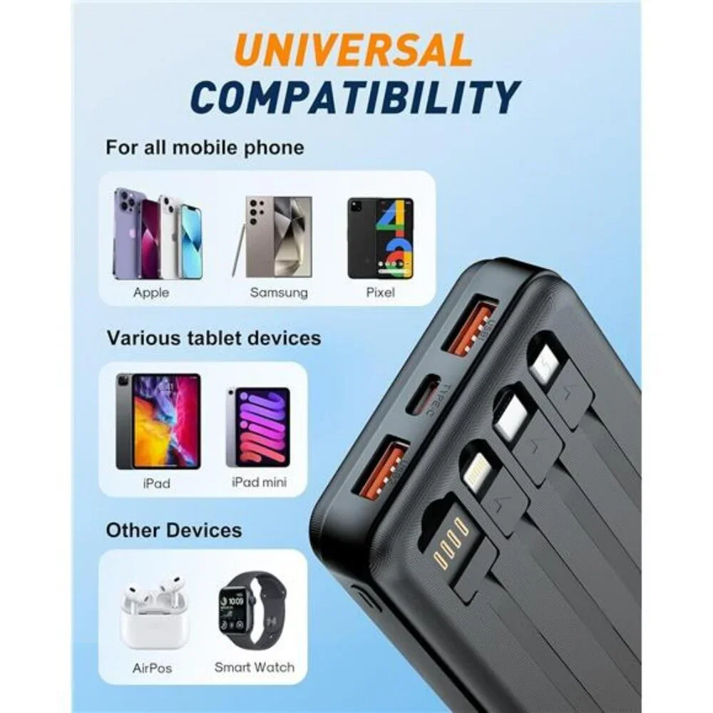 37000mAh portable power bank with built in cables fast charging battery pack